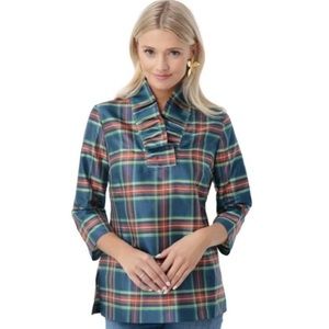 Devon Baer Stewart Plaid Silk Ruffle Tunic Blouse S